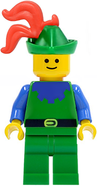 LEGO Minifigure Forestman (cas133) with green hat, red plume, green tunic with blue trim, blue arms, and green legs.