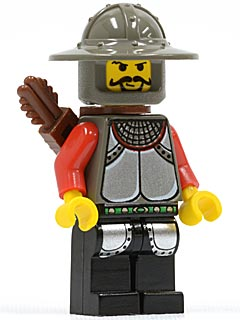LEGO Minifigure cas246, a Knight Kingdom I knight, with grey helmet, mustached face, grey armor, red arms, black legs, and a brown quiver.