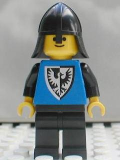 LEGO Minifigure cas253 Black Falcon with black helmet, yellow head, blue torso featuring a falcon shield, and black legs.