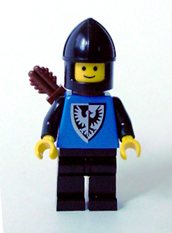 A LEGO Black Falcon minifigure (cas254) with black helmet, blue torso, black legs, and a quiver on its back.