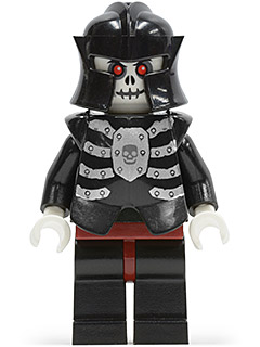LEGO cas330 Skeleton Warrior minifigure. Features a white skeleton head with red eyes, black armor, dark red hips, and black legs.