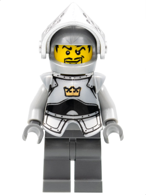 LEGO Minifigure Crown Knight cas335 in light gray armor, helmet, yellow head with goatee and angry expression, dark gray legs.