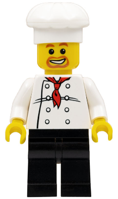 LEGO Minifigure chef with white chef hat, orange beard, white torso with red tie and 8 buttons, and black legs.