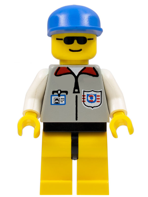 LEGO Coast Guard minifigure with blue cap, sunglasses, grey jacket with ID badge and shield emblem, white arms, and yellow legs.