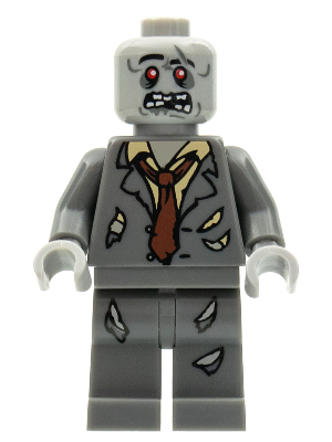 LEGO Minifigure col005 - Zombie, Series 1. A grey zombie minifigure with red eyes, open mouth, and a torn grey suit.