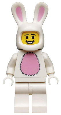 LEGO Minifigure in a white bunny suit with pink ears and a pink belly patch, featuring a smiling yellow face.