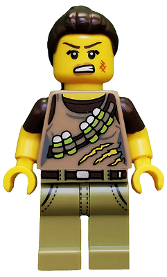 LEGO Minifigure col188 - Dino Tracker from Series 12. Female with dark brown hair, angry face with scars, tan top with shotgun shells and claw marks, olive green pants.