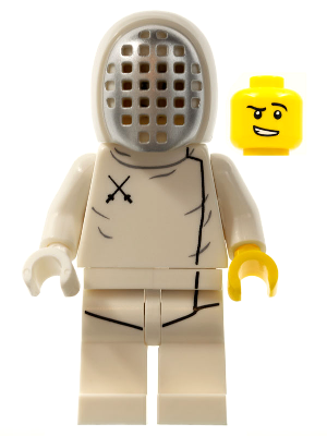 LEGO Minifigure col205 Fencer from Series 13, wearing a white fencing suit with black details and a silver mask. A yellow LEGO head with a smiling face is next to it.