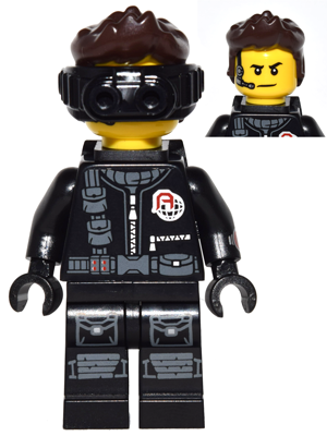 LEGO Minifigure col257 - Spy, Series 16, with black tactical suit, dark brown hair, black goggles. Inset shows angry face with headset.