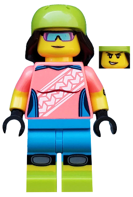 LEGO Minifigure col357, Mountain Biker, wearing a lime helmet, purple sunglasses, pink shirt, blue pants & lime shoes. Includes alternate face.