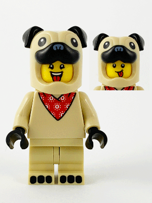 LEGO Minifigure Pug Costume Guy. Tan costume with black pug features, red bandana. Displays two happy yellow faces with tongues out.
