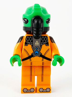 LEGO Minifigure col384 Alien, Series 21, featuring a green head/helmet and an orange suit with black details.