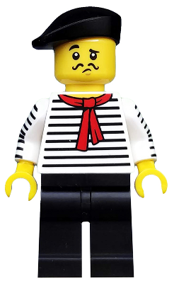 LEGO Minifigure Connoisseur Series 17, wearing a black beret, black mustache, striped shirt with red scarf, and black pants.