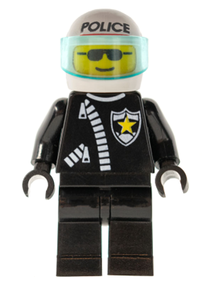 LEGO Police Minifigure with black uniform, white zipper, sheriff star, white 'POLICE' helmet, blue visor, and sunglasses.