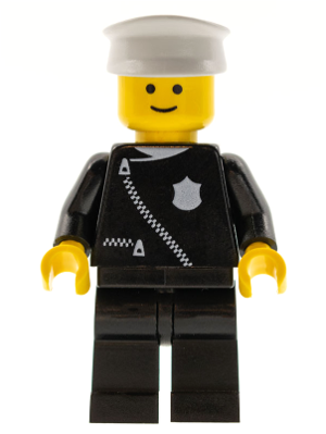 LEGO police minifigure with black uniform, white zipper, badge, black legs, and white hat.