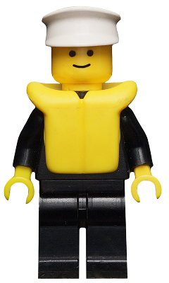 LEGO Minifigure cop017 Police with a white hat, yellow life jacket, black torso and legs, and yellow hands.