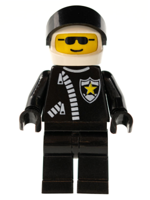 LEGO Minifigure cop019 with black uniform, white zipper, sheriff star, white helmet, and black visor.