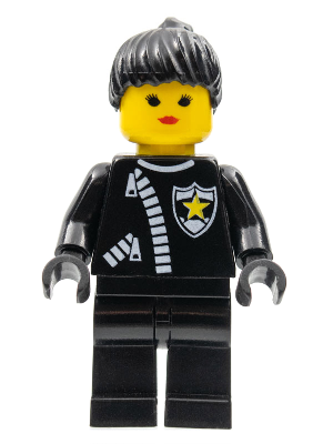 LEGO Minifigure cop024, a female figure with black uniform, white zipper, sheriff star, and black ponytail hair.