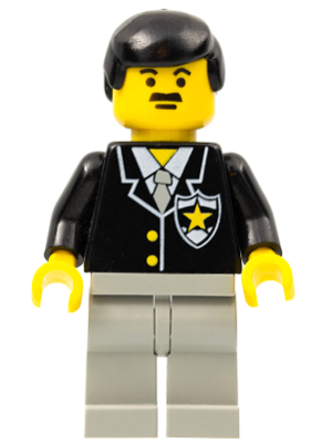 LEGO Minifigure cop035: Police officer in a black suit with a sheriff star, light gray legs, and black hair.