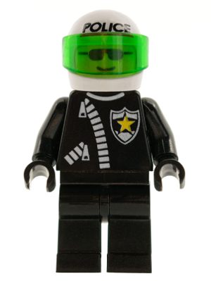 LEGO minifigure cop038, police officer in black uniform, white helmet, trans-green visor, zipper, sheriff star.