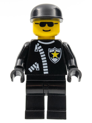LEGO police minifigure with black cap, sunglasses, black torso with zipper and sheriff star, black legs.