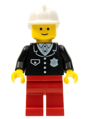 LEGO Minifigure cop052 Police officer in black suit with 4 buttons and badge, red legs, and white fire helmet.