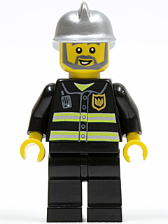 LEGO minifigure cty0004 with silver fire helmet, yellow head, gray beard, black uniform with reflective stripes and fire emblem, and black legs.