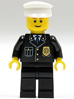 LEGO Minifigure cty0005: Police officer with white hat, city suit, blue tie, gold badge, black legs, brown eyebrows, thin grin.
