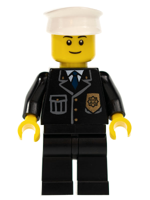 LEGO Minifigure cty0005a, police officer in a black city suit with blue tie, gold badge, black legs, and white hat.
