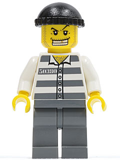 LEGO Minifigure cty0007, a jail prisoner with black knit cap, angry face with gold tooth, striped shirt with number 50380, and dark gray legs.