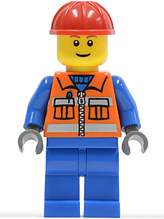 LEGO Minifigure cty0009: Construction worker with red helmet, orange vest with zipper and safety stripes, blue arms, and blue legs.