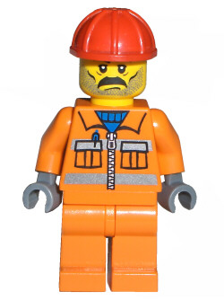 LEGO cty0010 Construction Worker minifigure in orange uniform with zipper, safety stripes, red helmet, moustache, and stubble.