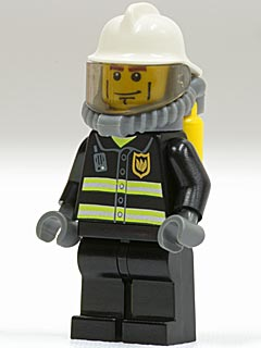 LEGO firefighter minifigure cty0024 in black suit with reflective stripes, white helmet, visor, gray breathing gear, and yellow air tanks.