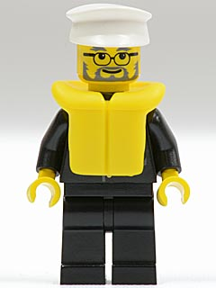 LEGO minifigure wearing a white hat, yellow life jacket, black suit, and featuring a grey beard and glasses.
