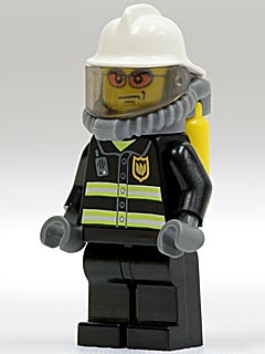 LEGO minifigure cty0026 firefighter in black uniform with reflective stripes, white helmet, breathing gear, and yellow air tanks.