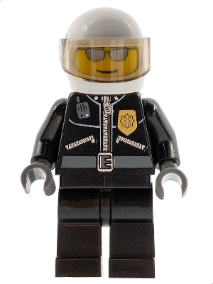 LEGO Minifigure cty0027, Police with black leather jacket, gold badge, white helmet, trans-brown visor, silver sunglasses.