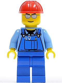 LEGO Minifigure cty0029: Blue overalls with tools in pocket, light blue arms, yellow head with silver sunglasses, and a red construction helmet.