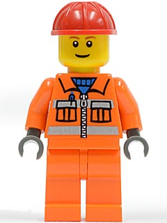 LEGO Minifigure cty0031 construction worker in orange uniform with zipper, safety stripes, red helmet, and thin grin.