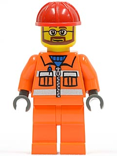 LEGO cty0032 construction worker minifigure with orange uniform, zipper, safety stripes, red construction helmet, beard, and glasses.