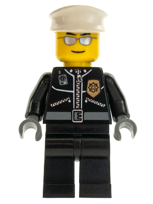 LEGO Minifigure cty0039 - Police officer in black leather jacket with gold badge, white hat, and silver sunglasses.