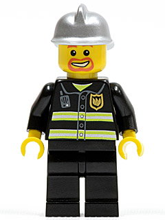 LEGO Minifigure cty0045 Fire, with silver helmet, black uniform with reflective stripes, and a happy face with beard.