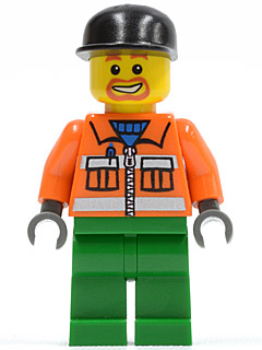 A LEGO minifigure with a black hard hat, yellow smiling face with a beard, orange jacket with reflective stripes, and green pants.