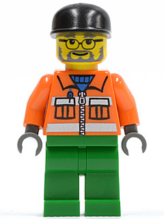 LEGO Minifigure cty0049 with black hat, glasses, beard, orange jacket with reflective stripes, blue shirt, green legs.