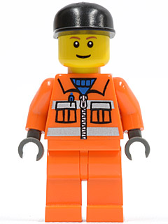 LEGO Minifigure cty0051 Sanitary Engineer 3 with black beanie, yellow head, and orange utility suit with zipper print.