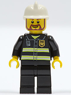 LEGO Minifigure cty0055: a firefighter with a white helmet, brown beard, black uniform with reflective stripes and emblem.