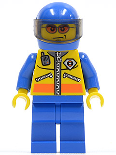 LEGO minifigure cty0063 with blue helmet, clear visor, yellow face, blue shirt, yellow vest with orange trim, and blue legs.
