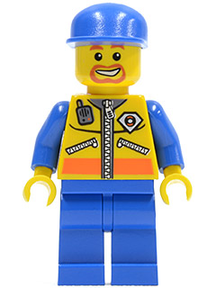 LEGO Minifigure cty0070, a male Coast Guard patroller with blue cap, yellow head, blue arms, yellow safety vest torso, and blue legs.