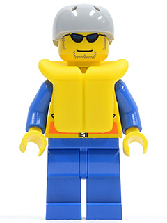 LEGO Minifigure cty0074 Kayaker with grey helmet, sunglasses, yellow life vest, blue arms and legs, and a beard.