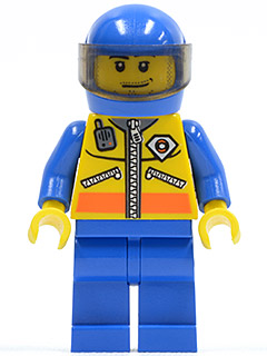LEGO Minifigure cty0075, a Coast Guard ATV Driver, wearing a blue helmet with clear visor, yellow safety vest, blue arms and legs.