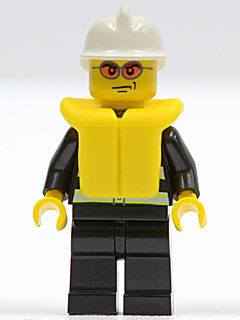 LEGO Minifigure cty0085 firefighter with white helmet, orange sunglasses, black legs, and yellow life jacket.